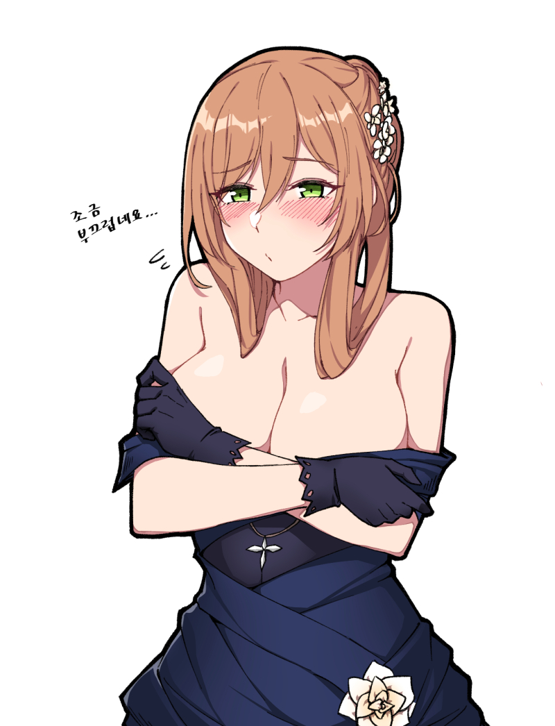 1girl bare_shoulders blue_dress blue_gloves blush breasts brown_hair child_(isoliya) cleavage closed_mouth collarbone covering_breasts covering_privates cowboy_shot dress dress_slip embarrassed female_focus flower flying_sweatdrops girls&#039;_frontline gloves green_eyes hair_between_eyes hair_rings large_breasts long_hair official_alternate_costume sidelocks simple_background solo springfield_(girls&#039;_frontline) springfield_(queen_in_radiance)_(girls&#039;_frontline) translation_request white_background