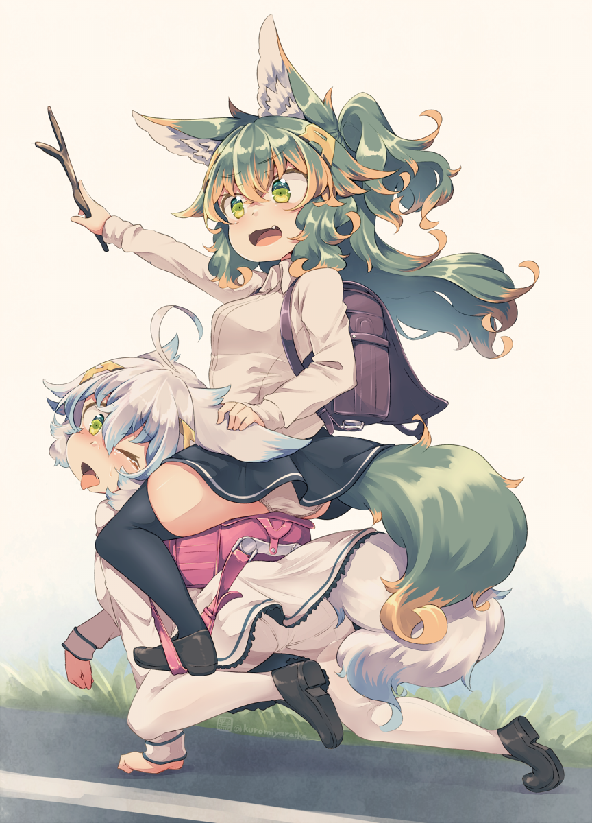 2girls all_fours animal_ear_fluff animal_ears backpack bag black_thighhighs brown_hair fang green_eyes green_hair green_tail highres holding holding_stick kuromiya kuromiya_raika_(kuromiya) long_hair multicolored_hair multiple_girls one_eye_closed open_mouth original panties pantyhose pony_play randoseru riding shiromiya_asuka_(kuromiya) short_hair sitting sitting_on_person stick thighhighs tongue tongue_out two-tone_hair underwear white_pantyhose