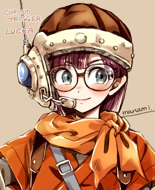 1girl artist_name blush brown_background brown_headwear brown_helmet character_name chrono_trigger closed_mouth commentary copyright_name green_eyes headset helmet looking_at_viewer lucca_ashtear medium_hair orange_scarf orange_tunic purple_hair scarf sideways_glance signature simple_background smile solo sugano_manami tunic upper_body