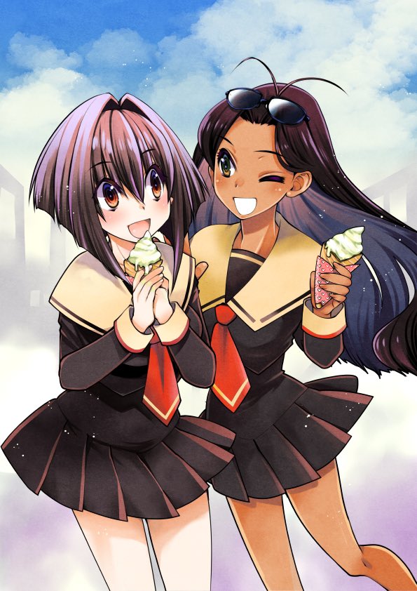 2girls antenna_hair black_hair breasts commission dark-skinned_female dark_skin dress eyewear_on_head food hair_between_eyes holding holding_food ice_cream ice_cream_cone kagesaki_yuna karin_(manga) long_hair maaka_karin medium_breasts multiple_girls one_eye_closed open_mouth original purple_hair sailor_collar sailor_dress school_uniform skeb_commission sunglasses