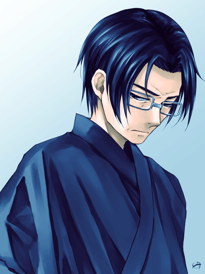 1boy black_eyes blue_background blue_hair character_request commentary_request frown glasses hakama japanese_clothes lo_lis male_focus signature solo tokyo_ravens wrinkled_skin