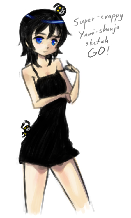 1girl bare_shoulders black_dress black_hair blue_eyes creature deliciousorange dress female_focus off_shoulder original short_hair solo spaghetti_strap strap_pull yami_shoujo