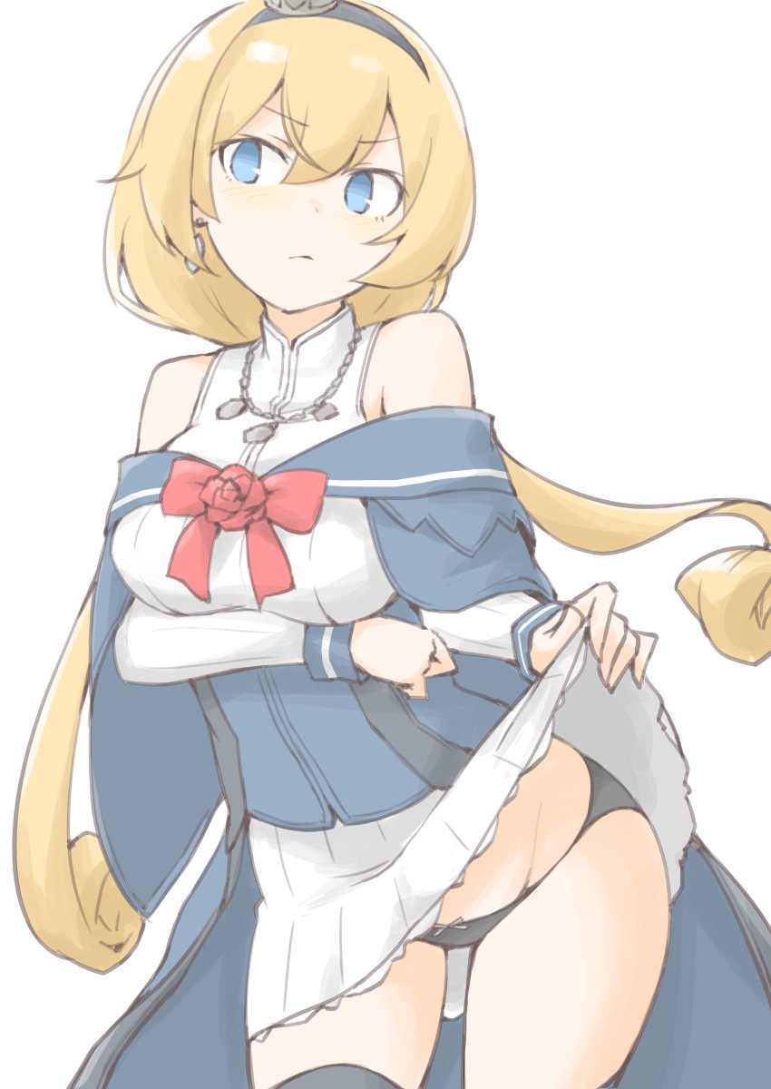 1girl akara_kai black_panties blonde_hair blue_capelet blue_eyes blue_hairband blue_neckerchief blue_overskirt breasts capelet crown dress earrings flower freckles hair_between_eyes hairband highres jewelry kantai_collection long_hair long_sleeves low-tied_long_hair mini_crown neckerchief necklace off-shoulder_dress off_shoulder panties red_flower rose thighhighs underwear union_jack valiant_(kancolle) white_dress