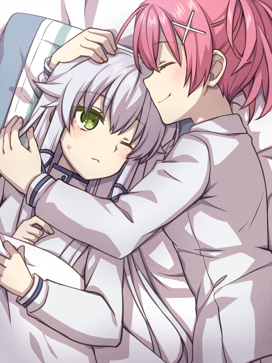 2girls ;( ^_^ altina_orion black_ribbon blush chihiro_(chihiro3399) closed_eyes closed_mouth colored_eyelashes commentary_request eiyuu_densetsu facing_another from_above frown green_eyes hair_ornament hair_ribbon happy head_on_pillow headpat highres hug juna_crawford long_hair long_sleeves looking_at_another lying medium_hair multiple_girls on_back on_bed on_side pillow pink_hair ponytail ribbon sen_no_kiseki sen_no_kiseki_(series) sen_no_kiseki_i sen_no_kiseki_iii shirt smile sweatdrop tress_ribbon tsurime upper_body white_shirt x_hair_ornament