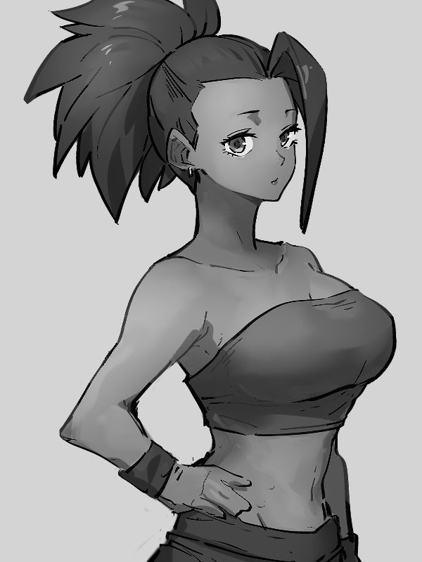 1girl arm_at_side bare_arms bare_shoulders breasts caulifla caulifla_(cosplay) cleavage collarbone cosplay dragon_ball dragon_ball_super earrings grey_background greyscale hand_on_own_hip jewelry kale_(dragon_ball) kemachiku large_breasts long_hair looking_at_viewer midriff monochrome navel neck ponytail simple_background solo standing strapless tube_top