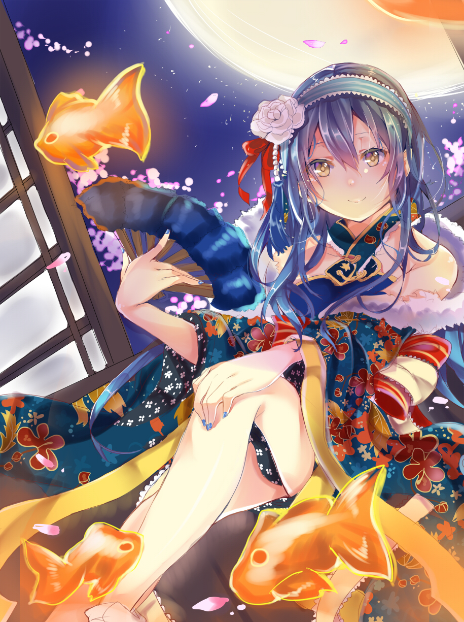 1girl blue_hair blush female_focus fish floral_print flower flying_fish folding_fan goldfish hair_between_eyes hair_flower hair_ornament hand_fan hand_on_own_knee highres japanese_clothes kimono long_hair long_sleeves looking_at_viewer love_live! love_live!_school_idol_festival love_live!_school_idol_project moon nail_polish night night_sky off_shoulder sky smile solo sonoda_umi takitou wide_sleeves yellow_eyes