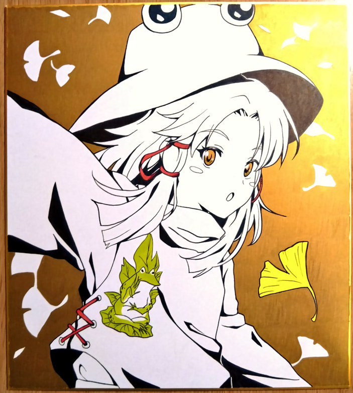 1girl :o animal_print flat_chest frog_print greyscale hat leaf looking_at_viewer medium_hair monochrome moriya_suwako murasaki_tsutsuji parted_bangs red_ribbon ribbon shikishi shirt sidelocks solo touhou traditional_media turtleneck upper_body vest wide_sleeves yellow_eyes