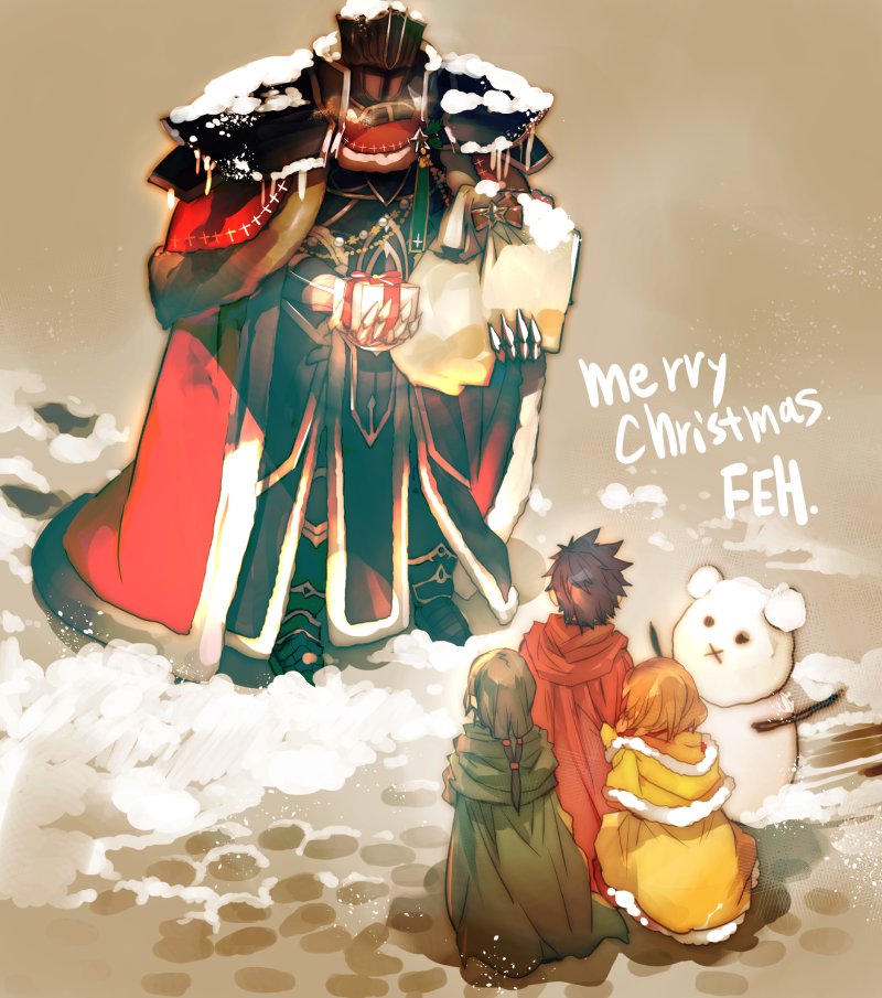 1girl 3boys armor black_armor black_hair black_knight_(fire_emblem) blue_hair box brown_hair cape christmas copyright_name fire_emblem full_armor gift gift_box holding holding_gift ike_(fire_emblem) merry_christmas mist_(fire_emblem) multiple_boys nanathuika nintendo red_cape snowman soren_(fire_emblem)