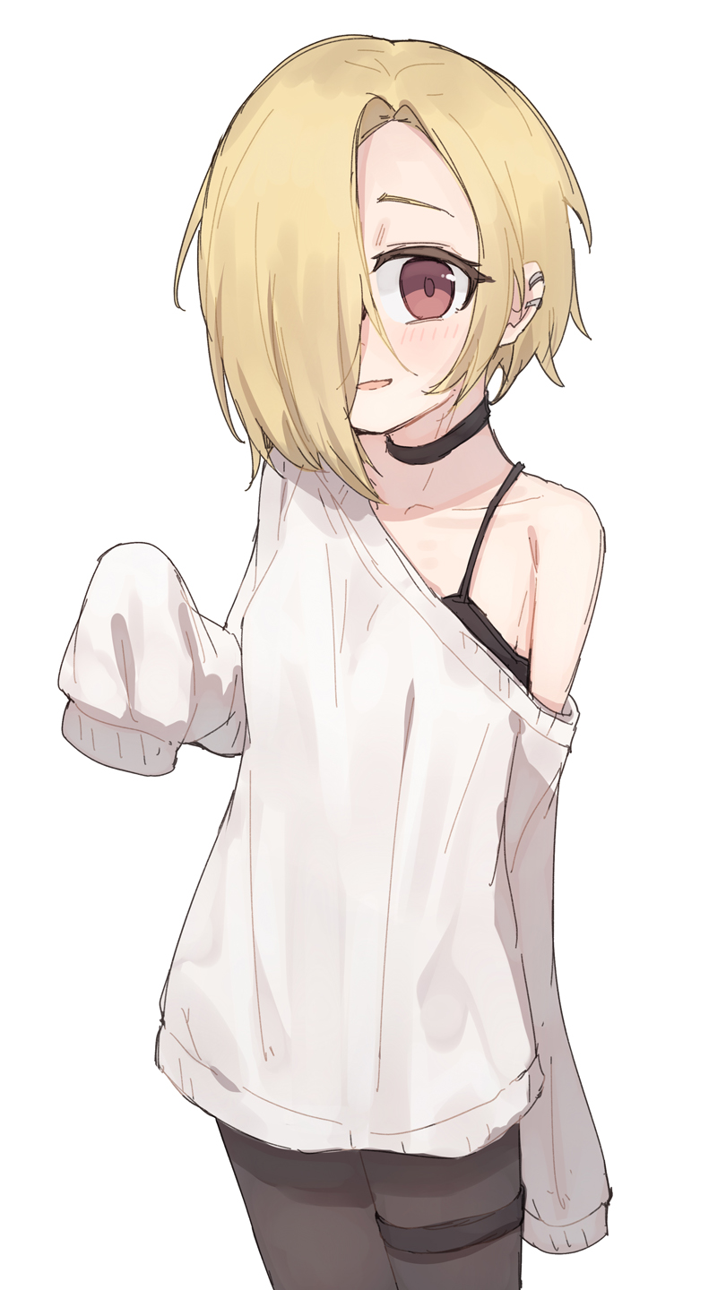 1girl black_camisole blonde_hair brown_eyes camisole choker ear_piercing flat_chest hair_over_one_eye highres idolmaster idolmaster_cinderella_girls long_sleeves looking_at_viewer off_shoulder piercing shirasaka_koume shone short_hair simple_background single_bare_shoulder sketch sleeves_past_fingers sleeves_past_wrists smile solo sweater white_background white_sweater