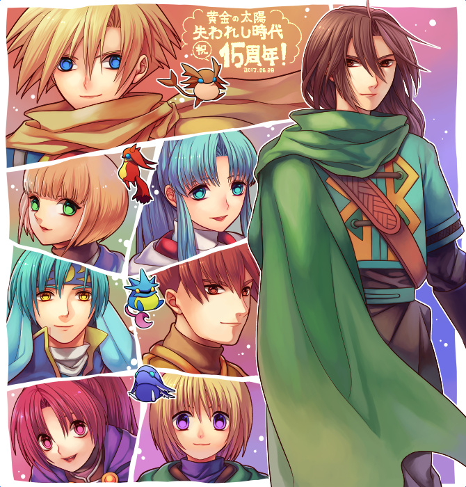 3girls 5boys aqua_eyes aqua_hair blonde_hair blue_eyes bowl_cut brother_and_sister brown_eyes brown_hair brown_sash cape cape_clasp cloak cowboy_shot djinn_(golden_sun) everyone garet_(golden_sun) gloves golden_sun green_cloak green_eyes green_tunic high_ponytail hime_cut isaac_(golden_sun) ivan_(golden_sun) light_smile long_hair multiple_boys multiple_girls oas pink_eyes ponytail purple_cape purple_eyes red_eyes scarf siblings spiked_hair tunic yellow_eyes yellow_scarf