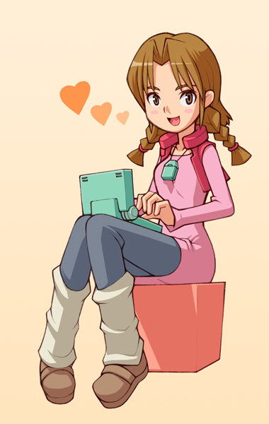 1girl blue_steel braid brown_eyes brown_hair computer daigunder female_focus heart hoshi_haruka laptop long_hair pantyhose sitting solo twin_braids