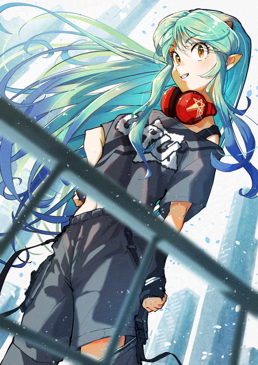 1girl aqua_hair arakan black_gloves blurry blurry_foreground casual cityscape dutch_angle fingerless_gloves gloves grin headphones headphones_around_neck highres long_hair lum orange_eyes pointy_ears railing shirt shorts smile solo t-shirt urusei_yatsura very_long_hair