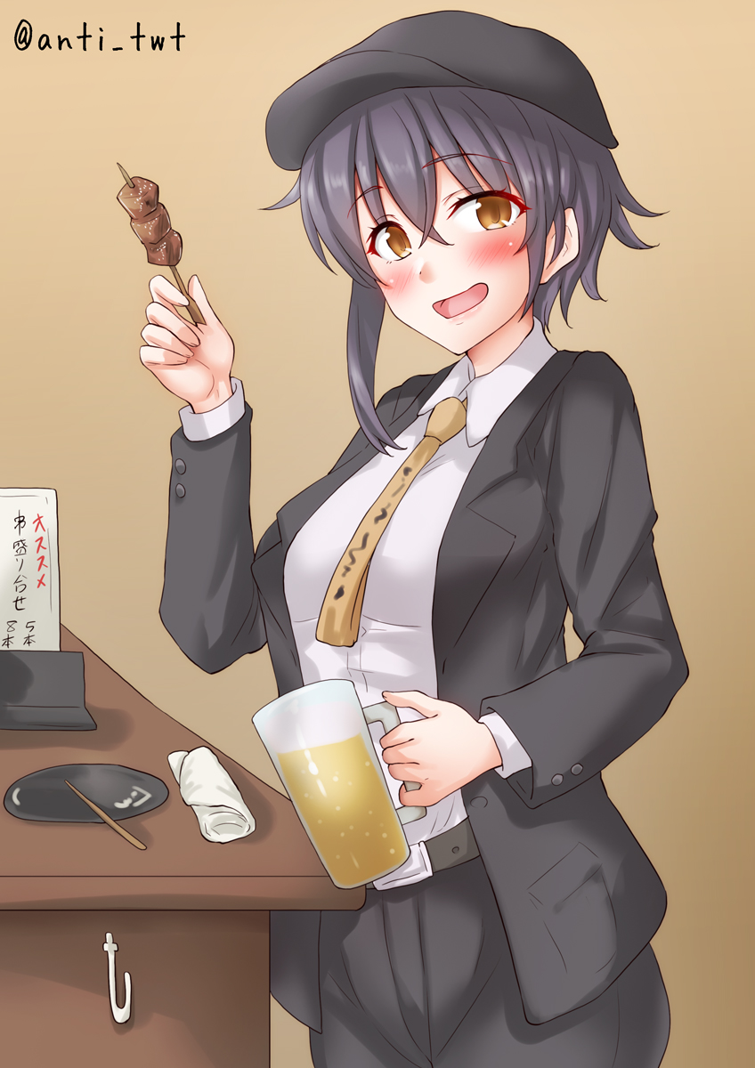 1girl alcohol alternate_costume anti_(untea9) beer beret black_jacket black_pants black_suit breasts business_suit collared_shirt cowboy_shot food formal hat highres i-14_(kancolle) indoors jacket kantai_collection long_sleeves looking_at_viewer necktie pants plate shirt small_breasts suit suit_jacket table yakitori yellow_necktie