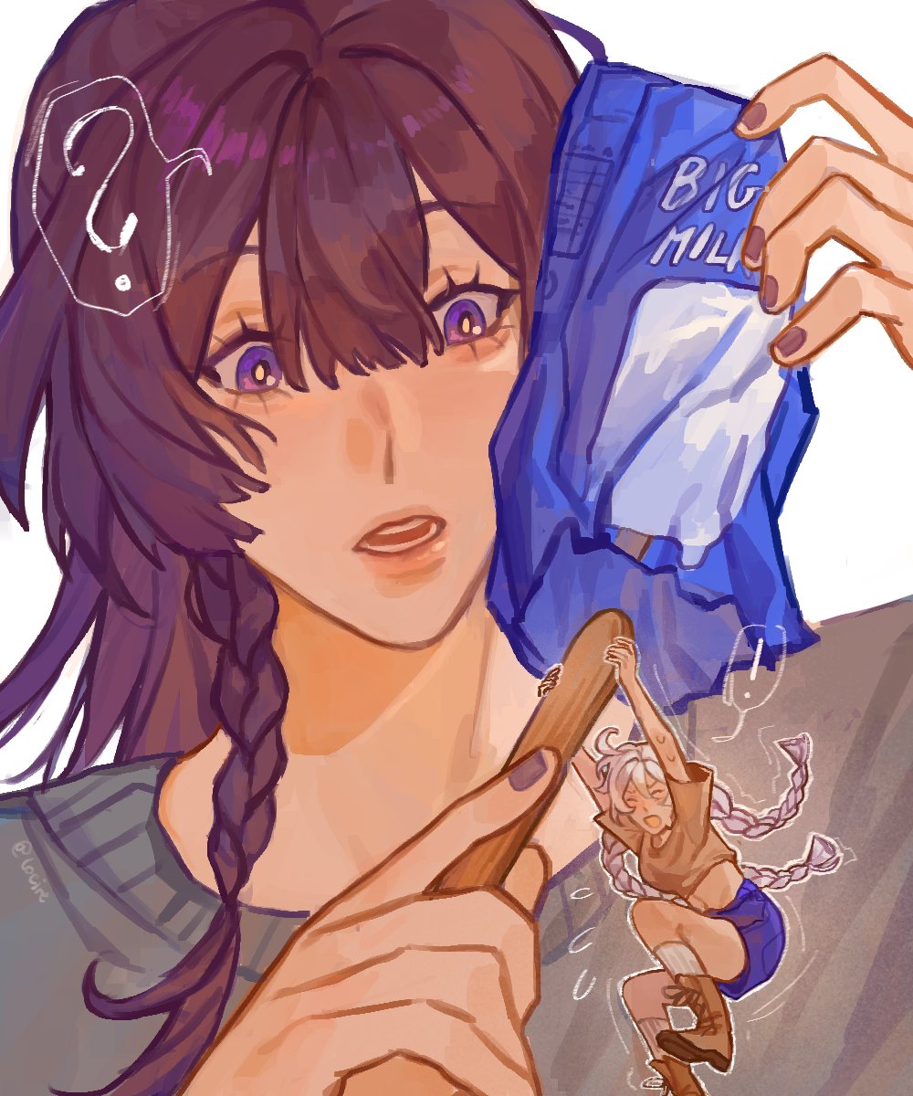 ! 2girls ? ahoge arm_up arms_up blue_shorts blunt_bangs boots braid braided_bangs brown_footwear brown_shirt commentary couple crop_top english_commentary flying_sweatdrops food giant giantess grey_shirt hair_between_eyes hand_up hashtag-only_commentary highres holding holding_stick honkai_(series) honkai_impact_3rd kiana_kaslana knees_up loeire long_hair looking_down mini_person multiple_girls open_mouth pink_lips popsicle popsicle_stick purple_eyes purple_hair purple_nails raiden_mei shirt shorts simple_background spoken_exclamation_mark spoken_question_mark stick thighs trembling twin_braids white_background white_hair wide-eyed yuri