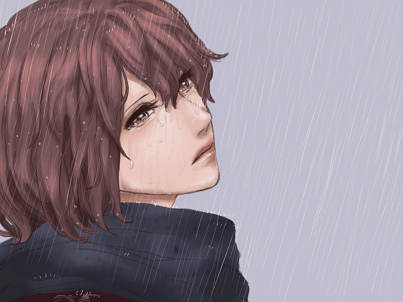 1girl ataru ataru_(pinpon) brown_eyes brown_hair close-up female_focus meiko_(vocaloid) rain realistic scarf short_hair solo tears vocaloid