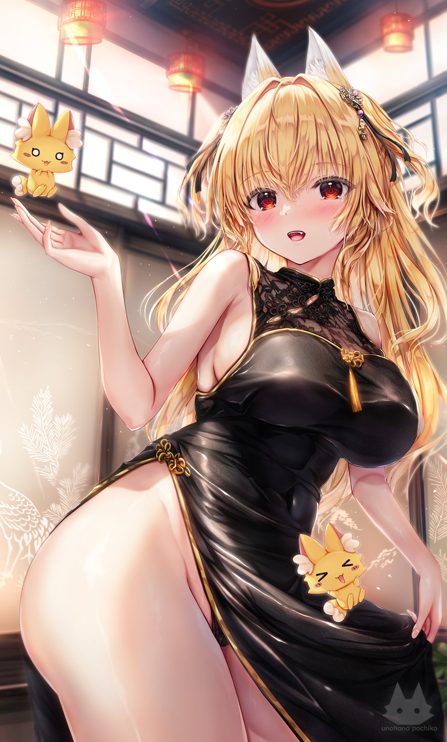 1girl animal_ear_fluff animal_ears black_dress black_panties blonde_hair blush breasts china_dress chinese_clothes commentary_request cropped_legs day dress fox fox_ears fox_girl fox_tail highres indoors lantern large_breasts long_hair looking_at_viewer open_mouth original panties red_eyes sleeveless sleeveless_dress smile standing tail teeth tongue underwear unohana_pochiko upper_teeth_only