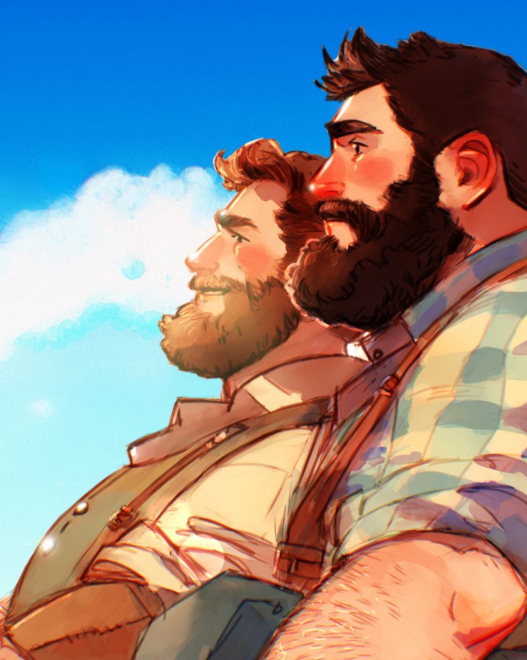 2boys bara beard blush brown_hair collared_shirt connected_beard couple day ego_rodriguez_(egothego) facial_hair facing_ahead from_side full_beard happy light_brown_hair long_beard male_focus mature_male multiple_boys mustache original outdoors profile shirt short_hair sleeves_rolled_up smile thick_arm_hair thick_beard thick_eyebrows thick_mustache upper_body yaoi