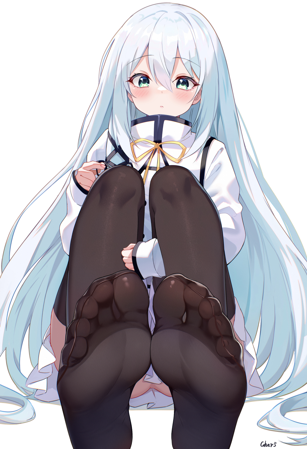 1girl areishia_spirit_academy_uniform black_thighhighs blush breasts gher5 green_eyes highres long_hair long_sleeves looking_at_viewer no_panties no_shoes seirei_tsukai_no_blade_dance shirt simple_background sitting skirt small_breasts soles solo terminus_est thighhighs very_long_hair white_background white_hair white_shirt white_skirt