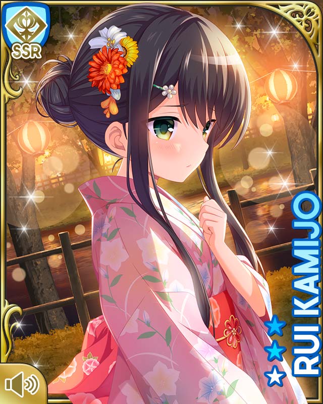 1girl :o black_hair blush bow breasts card_(medium) character_name closed_mouth female_focus flower from_side girlfriend_(kari) green_eyes hair_bow hair_flower hair_ornament japanese_clothes kamijo_rui kimono lamp long_hair night official_art outdoors qp:flapper solo standing tagme