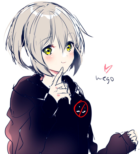 1girl aoba_moca bang_dream! black_hoodie closed_mouth green_eyes grey_hair hair_between_eyes hand_up heart hood hood_down hoodie long_sleeves looking_at_viewer lowres mizukikushou pinching_sleeves puffy_long_sleeves puffy_sleeves simple_background sleeves_past_wrists smile solo upper_body white_background