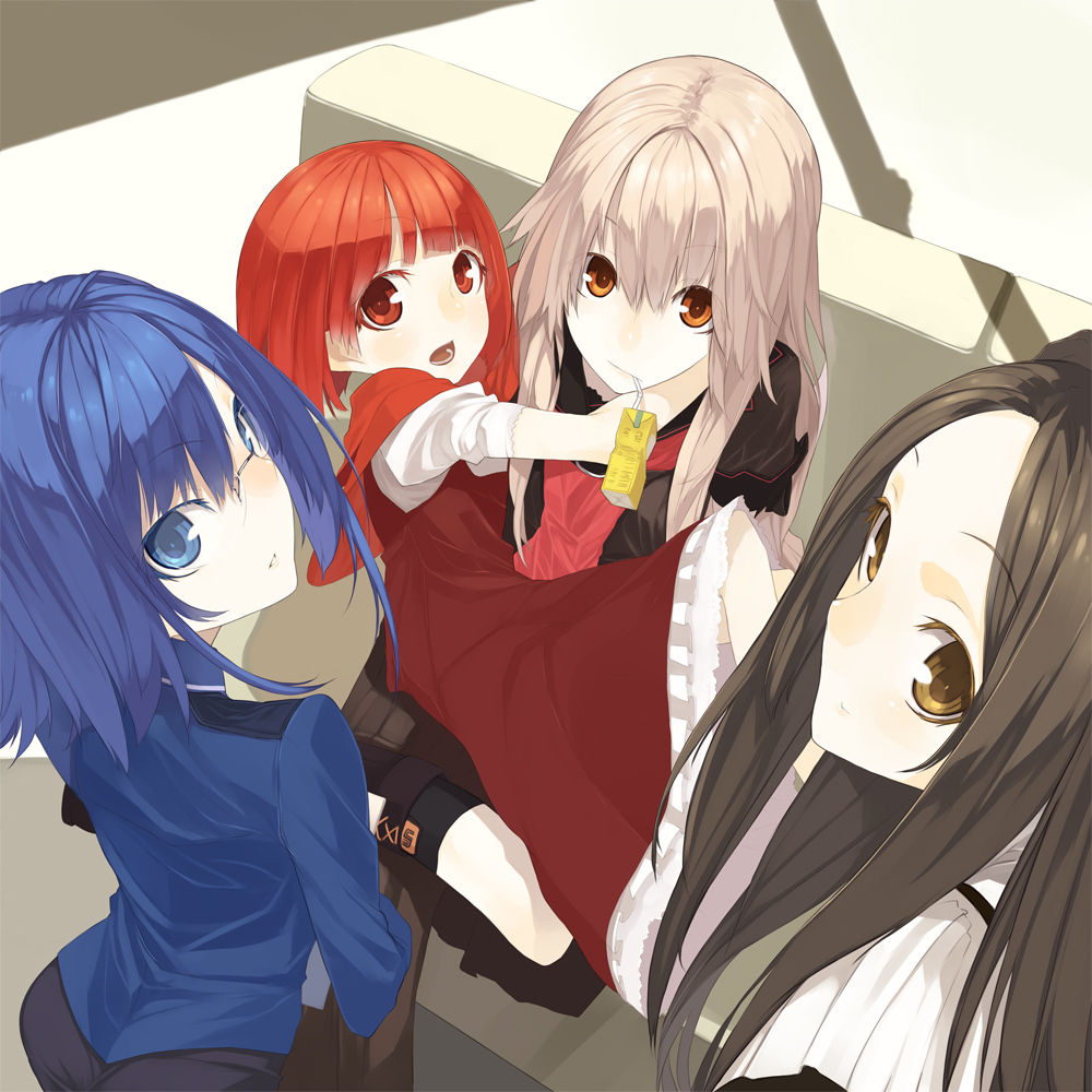 10s 4girls akai_ringo akai_ringo_(ookami-san) black_hair blue_hair brown_eyes glasses grabbing juice_box kiriki_alice long_hair multiple_girls ookami-san ookami_ryouko pako_(pakosun) red_hair school_uniform senmu_(senmudayo) tsurugaya_otsuu