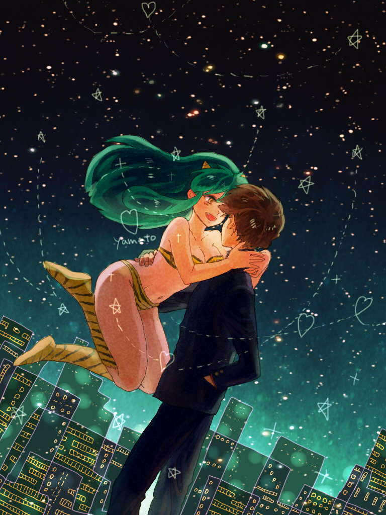 1boy 1girl animal_print bikini city_lights fang green_hair horns lum moroboshi_ataru neck_hold sky skyline star_(sky) starry_sky swimsuit tiger_print urusei_yatsura yamato_(700021)