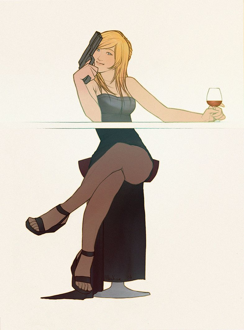 1girl aya_brea bare_shoulders black_dress blonde_hair blue_eyes breasts cleavage crossed_legs cup dress drinking_glass gun handgun high_heels large_breasts legs long_hair no_bra open_clothes open_dress parasite_eve_(series) parasite_eve_i solo thighs weapon wine_glass