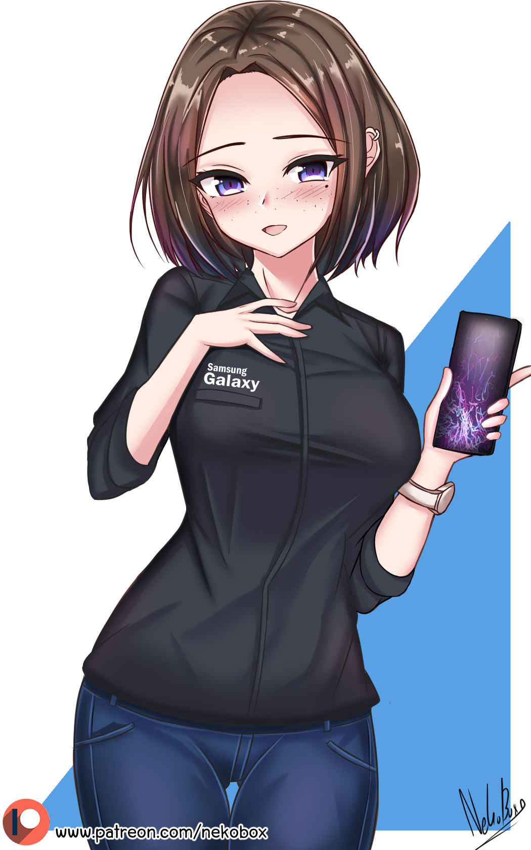 Nekobox Samsung Sam Samsung Highres 1girl Black Shirt Blue Eyes Blue Pants Blush 3179