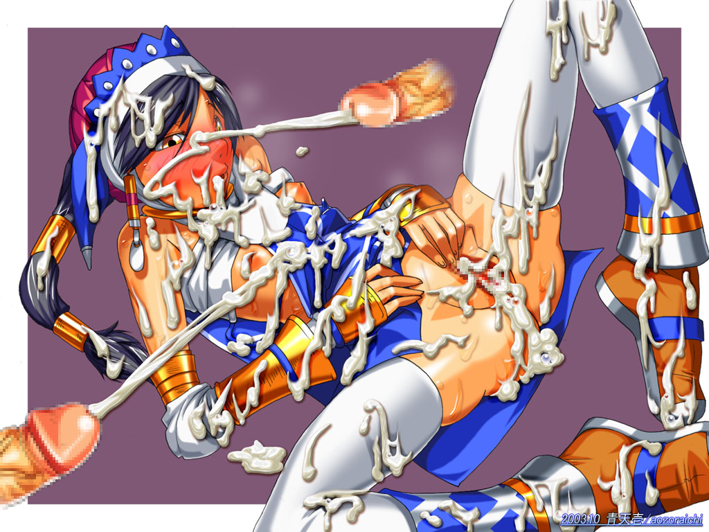 00s 1girl 2003 alternate_costume aozoraichi bukkake censored cum group_sex mmf_threesome mosaic_censoring penis pussy solo_focus soul_calibur soulcalibur soulcalibur_ii talim threesome