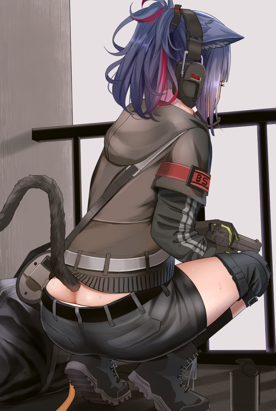 1girl animal_ears arknights ass bad_id bad_pixiv_id belt black_belt black_footwear black_hair black_jacket black_shorts black_socks boots butt_crack cat_ears cat_tail commentary_request duplicate from_behind gun handgun headphones highres holding holding_gun holding_weapon hood hooded_jacket jacket jessica_(arknights) knee_pads kneehighs long_sleeves multicolored_hair panties panty_peek pistol railing red_hair short_hair short_shorts shorts socks solo squatting streaked_hair tail thighs turisasu underwear weapon white_panties