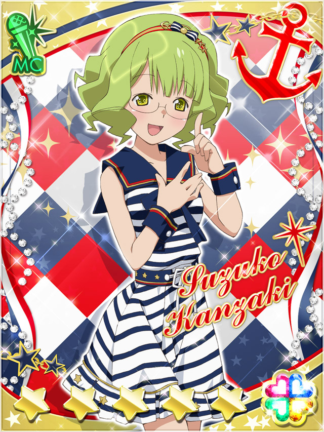 1girl :d akb0048 blue_sailor_collar card_(medium) character_name cowboy_shot finger_gun glasses green_eyes green_hair hairband hand_on_own_chest heart horizontal-striped_skirt kanzaki_suzuko looking_at_viewer non-web_source official_art open_mouth round_eyewear sailor_collar shirt skirt sleeveless sleeveless_shirt smile solo sparkle standing star_(symbol) striped_clothes striped_shirt striped_skirt wrist_cuffs