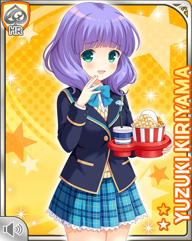 1girl blouse blue_bow blue_jacket blue_skirt blunt_bangs bow button card_(medium) character_name food girlfriend_(kari) green_eyes hand_by_own_face jacket kiriyama_yuzuki looking_at_viewer official_art open_mouth pin plaid_clothes plaid_skirt popcorn purple_hair qp:flapper school_uniform shirt skirt smile soda solo tagme ufo vest white_shirt yellow_background yellow_vest