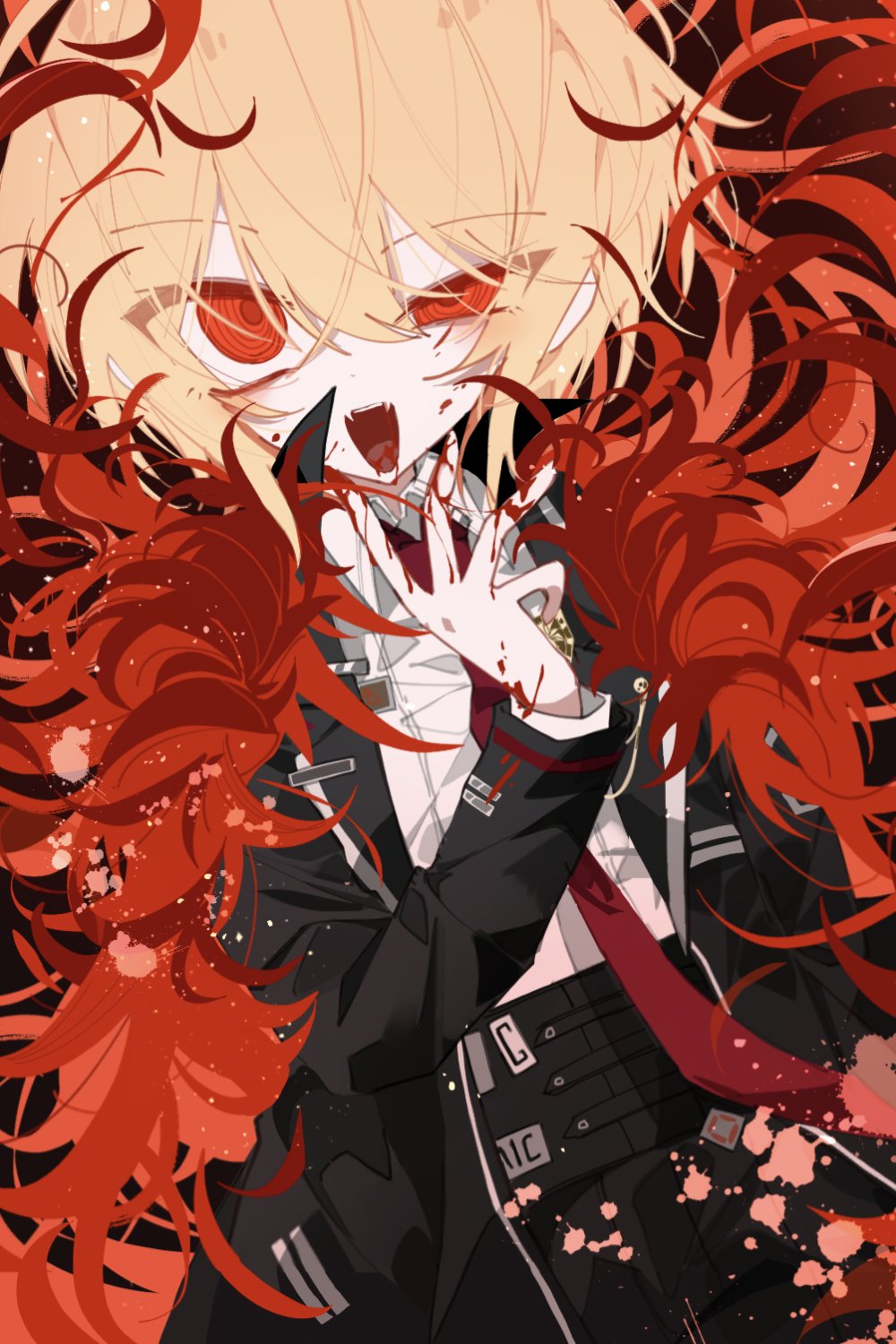 1girl badge black_coat black_pants blonde_hair blood blood_on_hands cape coat collared_shirt cowboy_shot don_quixote_(project_moon) fangs hand_up high-waist_pants highres lapels lemonail limbus_company looking_at_viewer necktie notched_lapels open_mouth pants project_moon red_cape red_necktie sancho_(project_moon) shirt short_hair sidelocks smile solo vampire white_shirt