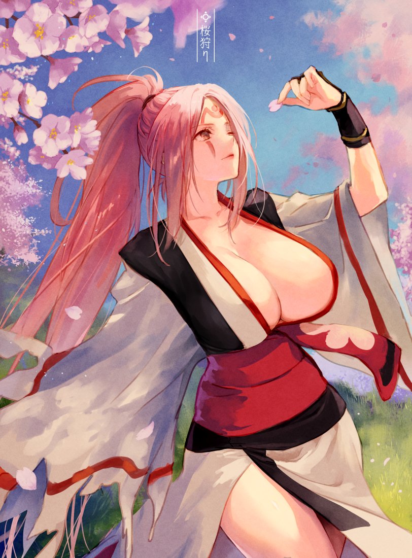 1girl amputee arm_guards baiken blue_sky breasts cherry_blossoms cleavage commentary_request falling_petals grass guilty_gear high_ponytail holding holding_petal jako_(toyprn) japanese_clothes kataginu kimono large_breasts long_hair looking_up multicolored_clothes multicolored_kimono one-eyed open_clothes open_kimono outdoors petals pink_eyes pink_hair ponytail sash scar scar_across_eye scar_on_face sidelocks sky solo thighs translation_request very_long_hair wide_sleeves