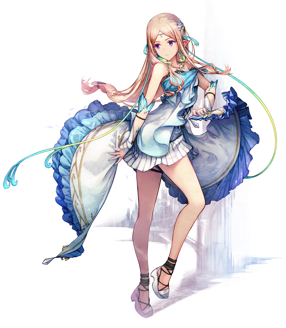 1girl bare_shoulders blonde_hair blue_dress closed_mouth dress emo_(harvestella) floating_hair full_body hair_ornament harvestella jewelry long_hair necklace official_art pointy_ears purple_eyes sandals shell_hair_ornament short_dress solo strapless strapless_dress third-party_source toes white_footwear yasushi_hasegawa