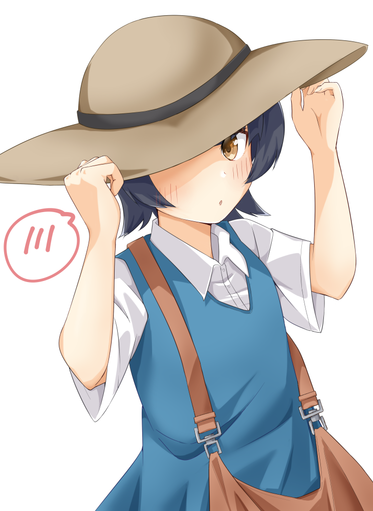 1girl arare_(kancolle) arare_(maizuru)_(kancolle) bag black_hair blue_dress brown_eyes collared_shirt commentary_request dress dress_shirt grey_hat hat holding holding_hat holding_unworn_clothes kantai_collection makinoki official_alternate_costume shirt short_hair simple_background solo spoken_blush white_background white_shirt