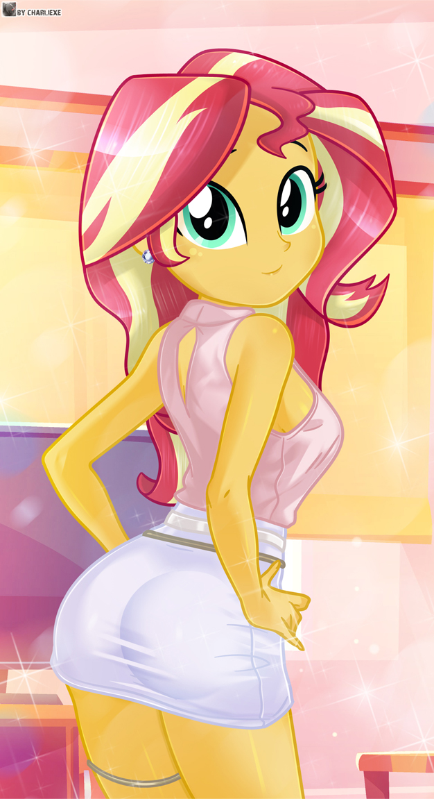 1girl artist_name bare_shoulders blonde_hair breasts charliexe closed_mouth colored_skin diamond_earrings earrings green_eyes hands_on_own_hips jewelry long_hair looking_at_viewer multicolored_hair my_little_pony my_little_pony:_equestria_girls my_little_pony:_friendship_is_magic orange_skin pencil_skirt red_hair sideboob skirt smile solo sparkle streaked_hair sunset_shimmer thigh_strap two-tone_hair
