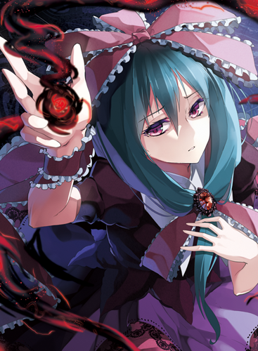 1girl arm_up bow brooch dress female_focus frills front_ponytail green_hair hair_bow hair_ornament hair_ribbon jewelry kagiyama_hina long_hair lowres red_eyes ribbon solo tomasu touhou tsurukame