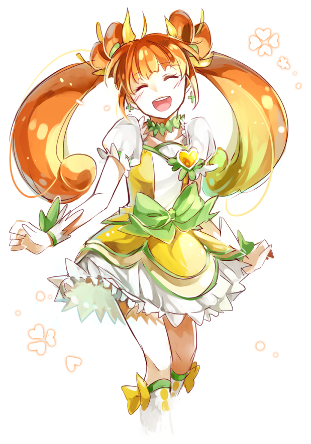 1girl :d blunt_bangs blush boots bow brooch choker closed_eyes cure_rosetta dokidoki!_precure double_bun earrings female_focus flower hair_bun hair_flower hair_ornament heart heart_brooch jewelry kazhi long_hair magical_girl open_mouth orange_hair precure skirt smile solo twintails waist_bow yotsuba_alice