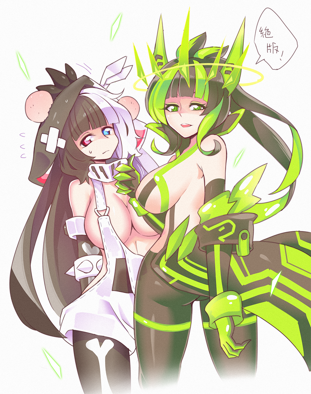 2girls armband ass bandaid black_gloves black_hair black_leggings black_pantyhose blue_eyes bone_print bracelet breasts crossed_bandaids ditienan_ddn flying_sweatdrops gloves green_eyes green_gloves green_hair halo head_bump heterochromia highres injury jewelry kamen_rider kamen_rider_chronicle kamen_rider_cronus kamen_rider_ex-aid_(series) kamen_rider_genm large_breasts leggings long_hair looking_at_viewer looking_back mask mother_and_daughter multicolored_hair multiple_girls open_mouth overalls pantyhose personification print_gloves print_overalls print_pantyhose red_eyes respirator rider-tan scared showgirl_skirt smile speech_bubble spiked_bracelet spikes standing streaked_hair sweat teeth topless twintails two-tone_hair white_background white_hair white_overalls zombie_gamer_level_x