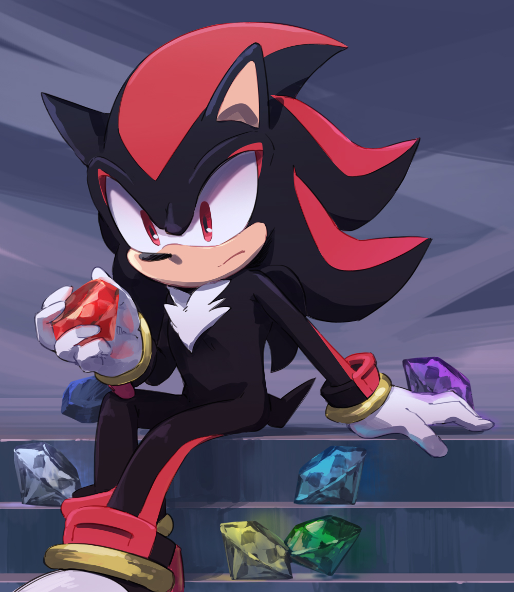 1boy arm_support bad_id bad_pixiv_id chaos_emerald closed_mouth furry furry_male gem gloves holding holding_gem jewelry male_focus msg01 red_eyes ring shadow_the_hedgehog sitting solo sonic_(series) white_gloves