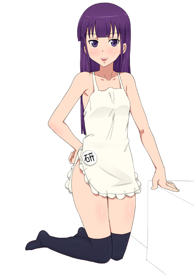 1girl apron black_thighhighs blush female_focus hand_on_own_hip ichihisa kneeling long_hair looking_at_viewer naked_apron open_mouth over-kneehighs purple_eyes purple_hair solo thighhighs working!! yamada_aoi