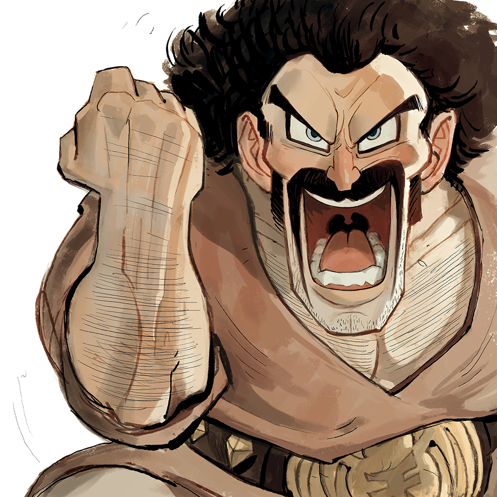 1boy arm_hair belt black_hair championship_belt chest_hair cleft_chin clenched_hand dougi dragon_ball dragonball_z facial_hair garrett_hanna hand_up looking_at_viewer male_focus mr._satan muscular muscular_male mustache open_mouth sideburns solo stubble teeth v-shaped_eyebrows white_background