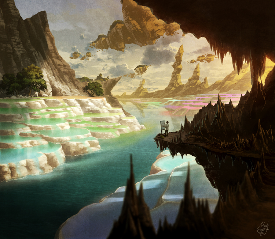 1boy blouse blurry cave cliff cloud depth_of_field floating_island landscape mocha_(cotton) original paint painting_(action) rainbow river scenery shirt sky technoheart terrace tree white_shirt