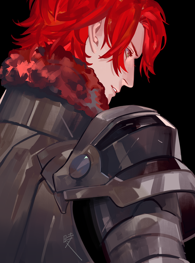 1boy armor black_background breastplate commentary fire_emblem fire_emblem:_three_houses fur-trimmed_collar fur_trim looking_down male_focus nintendo parted_lips pauldrons profile red_fur red_hair saiga_tokihito shoulder_armor simple_background solo sylvain_jose_gautier yellow_eyes