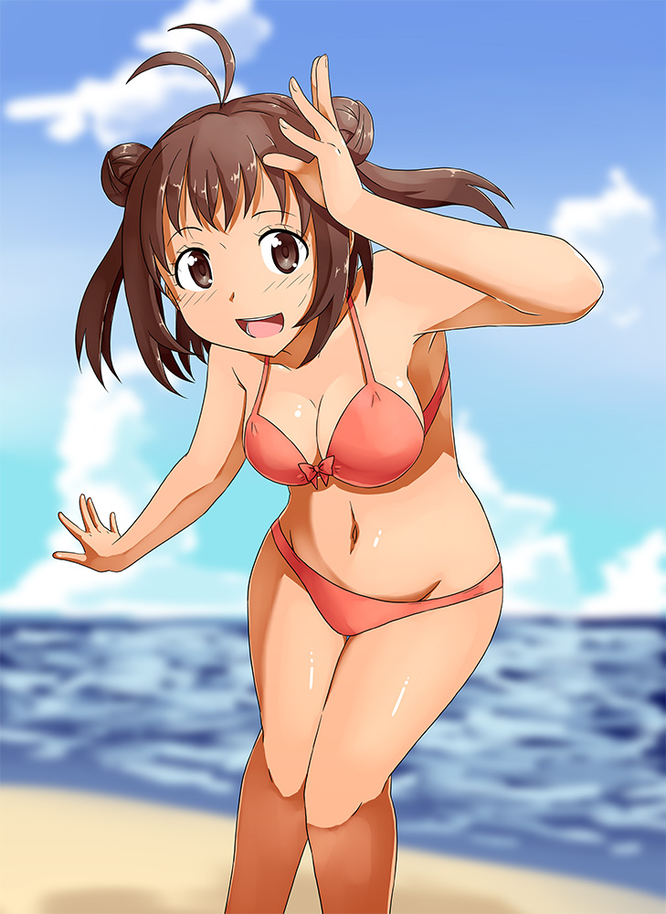 10s 1girl antenna_hair beach bikini blush breasts brown_eyes brown_hair cleavage day double_bun female_focus gradient_background hair_bun ka-9 kantai_collection looking_at_viewer medium_breasts naka_(kancolle) navel open_mouth short_hair smile solo swimsuit