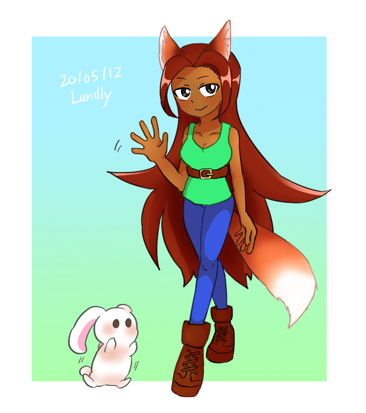 1girl animal_ears belt black_eyes blue_pants boots breasts brown_hair cleavage closed_mouth collarbone crossed_legs dark-skinned_female dark_skin female_focus fox_ears fox_tail full_body gradient_background green_tank_top landly long_hair looking_at_viewer pants rabbit smile solo standing tail tank_top terraria very_long_hair walking waving zoologist_(terraria)