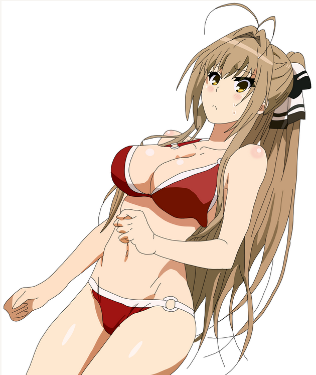 1girl amagi_brilliant_park antenna_hair bikini breasts brown_eyes cleavage collarbone commentary_request derivative_work hair_ribbon ikesin1983 large_breasts long_hair o-ring o-ring_bikini ponytail red_bikini ribbon sento_isuzu simple_background solo swimsuit white_background