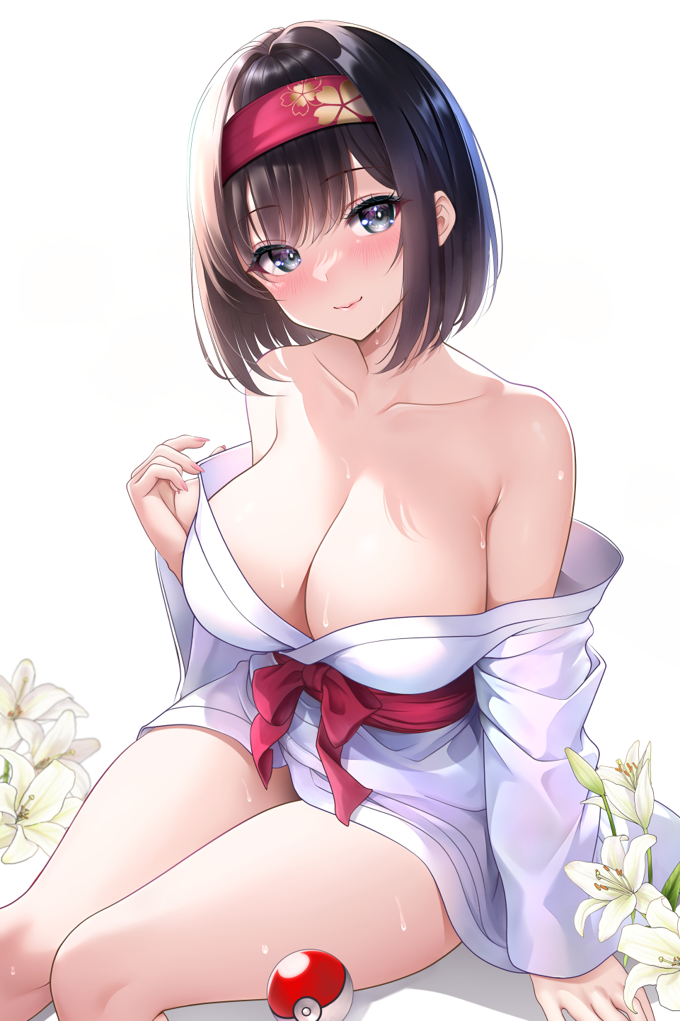 1girl bare_shoulders black_hair blush breasts cleavage collarbone creatures_(company) erika_(pokemon) flower game_freak hairband highres japanese_clothes kimono large_breasts looking_at_viewer nail_polish nintendo poke_ball pokemon pokemon_rgby red_hairband sash short_hair smile solo studiopokotan wet white_background