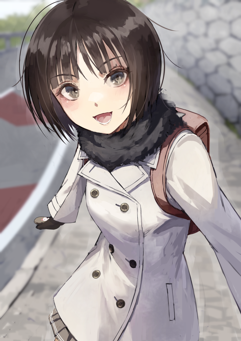 1girl :d a-pose amagami backpack bag black_mittens black_scarf black_skirt blurry blurry_background blush bob_cut briefcase brown_eyes brown_hair buttons coat commentary cowboy_shot depth_of_field double-breasted fagi_(kakikaki) foreshortening fur_scarf hair_strand long_sleeves looking_at_viewer mittens open_mouth outdoors pleated_skirt road scarf school_bag school_briefcase short_hair skirt smile solo stone_wall tachibana_miya wall white_coat